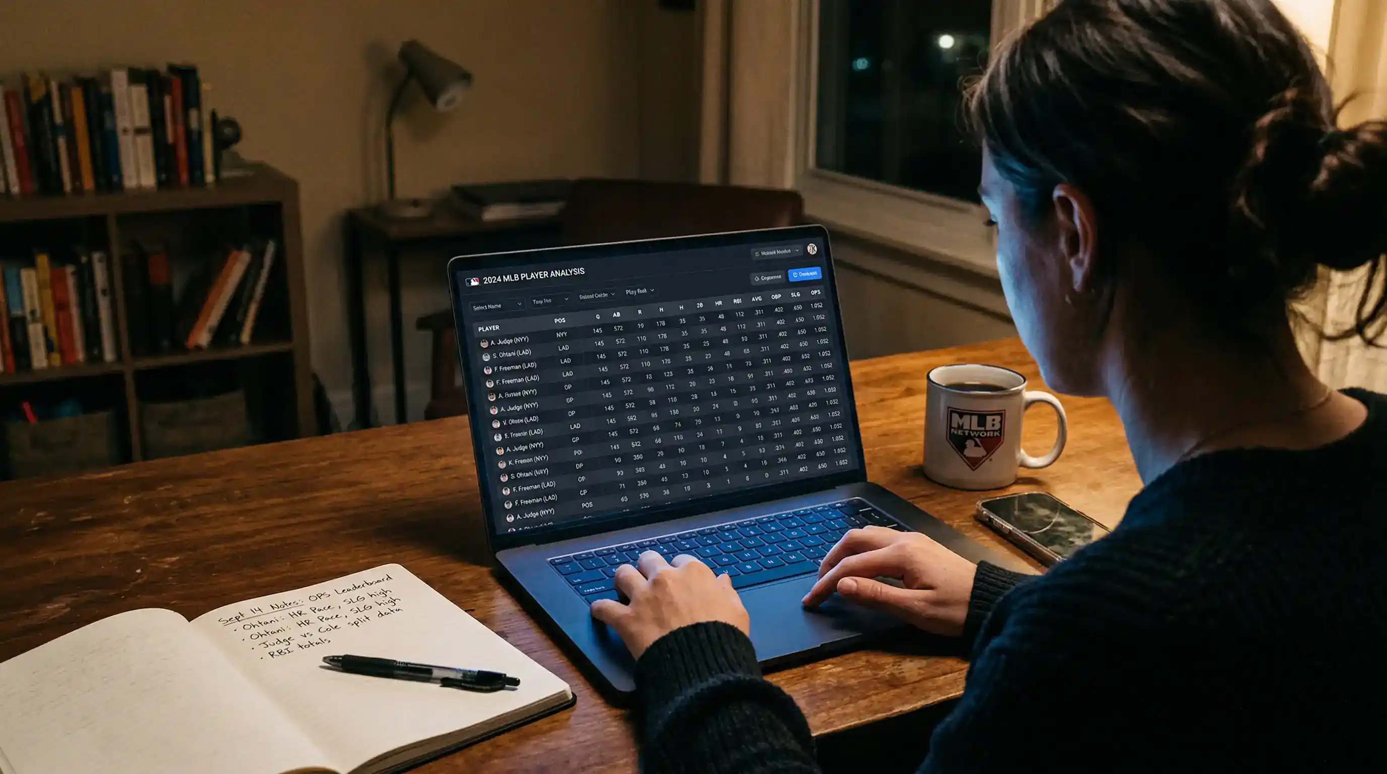 Baseball analyst reviewing pitcher strikeout metrics on a laptop display showing K/9 and SwStr% data