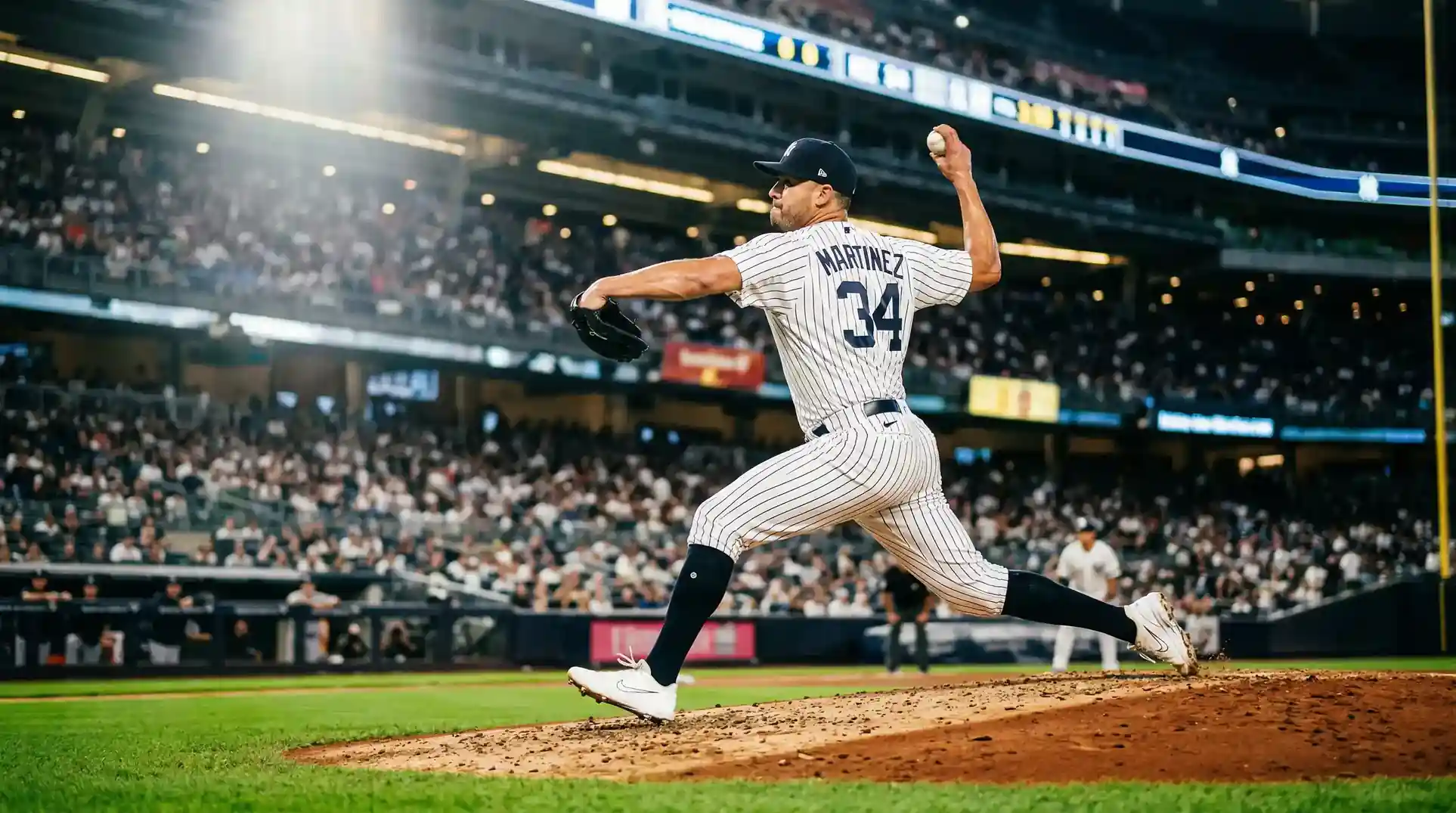 Baseball pitcher mid-delivery under stadium lights, representing MLB strikeout prop bet analysis
