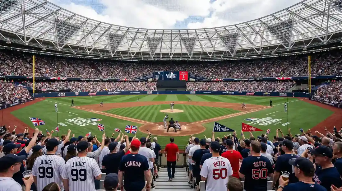 Packed London Stadium crowd watching an MLB London Series baseball game with British fans wearing team merchandise