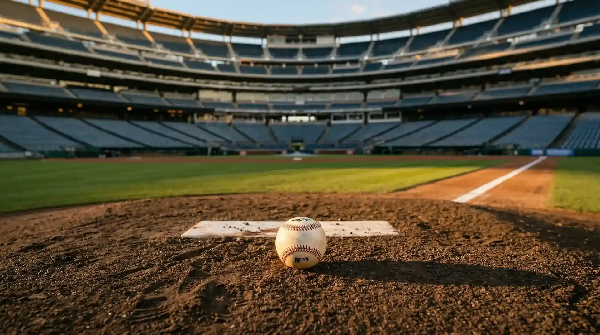 Baseball on a pitcher's mound with the infield diamond and baseline chalk lines visible